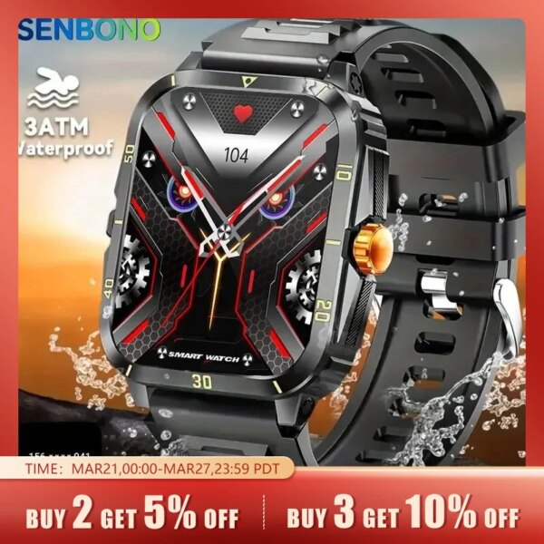 SENBONO Military Smart Watch Men IP68 3ATM Waterproof Outdoor Sports Fitness Tracker 24H Health Monitor Smartwatch Men 430mAh