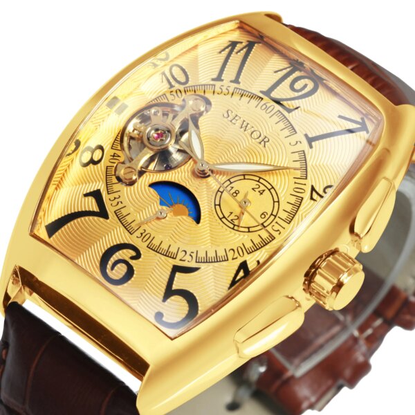 SEWOR Luxury Gold Automatic Watch for Men Tourbillon Moon Phase Skeleton Mechanical Watches Brown Genuine Leather Strap Luminous