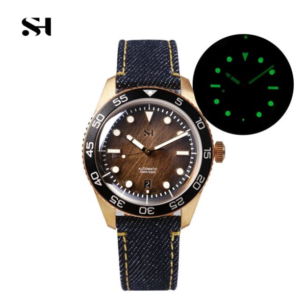 SH Bronze Men Watch Automatic PT5000 SW200 Sapphire Domed Crystal Wood Grain Dial Leather Strap 42mm 10 ATM Waterproof