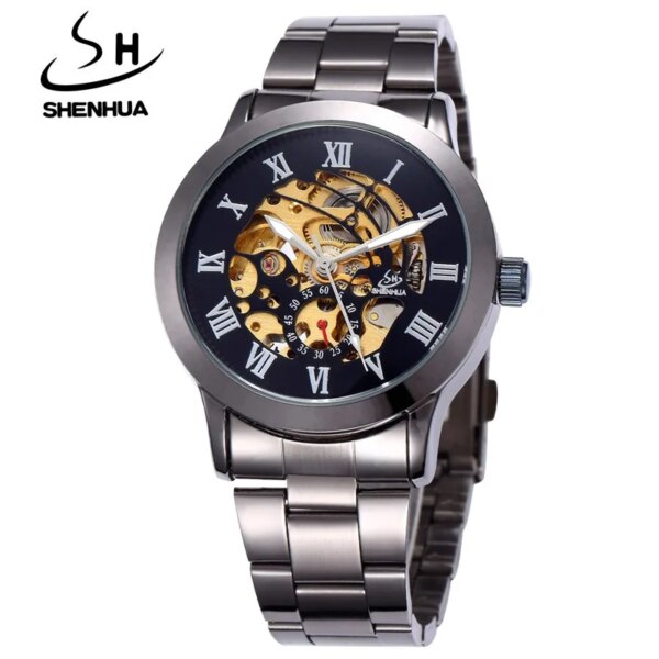 SHENHUA Famous Brand Luxury Black Gold Automatic Sale Wind Watches Men Waterproof Shockproof Mechanical Skeleton Wrist Watch