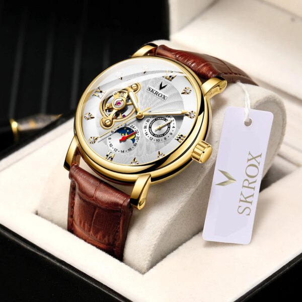 SKROX High Quality Moon Phase tourbillon luminous automatic mechanical watch Butterfly Buckle Leather strap Men's Watch