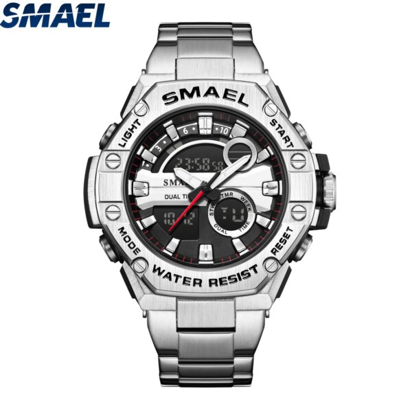 SMAEL 8090 alloy steel strip dual display electronic watch, men's waterproof alarm clock, multifunctional