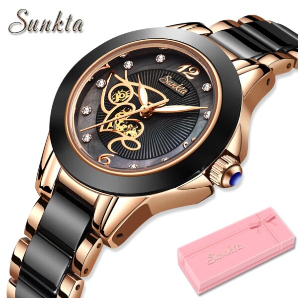 SUNKTA Brand Luxury Women Watches Black Ceramic Diamond Ladies Watch Waterproof Quartz Wristwatch Relogios Femininos Clock Gift