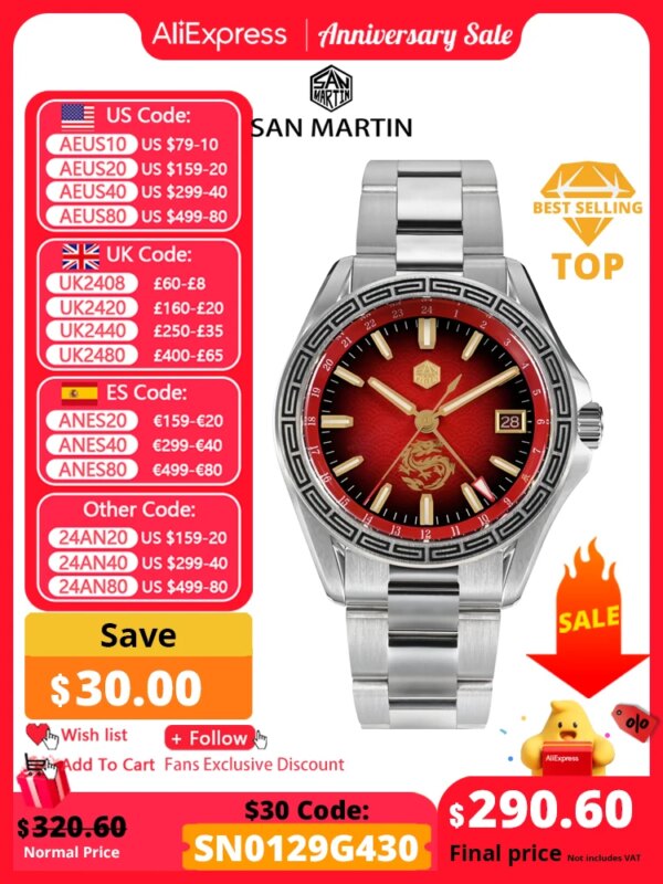 San Martin 2024 Year of the Dragon Limited Chinese Style 39mm Men Watch NH34 GMT Automatic Waterproof 100m Luminous watch SN0129