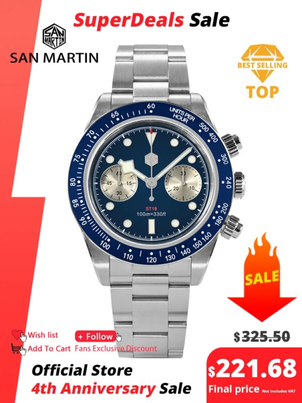 San Martin Men Sports Watch 40mm Fashion Panda BB Chronograph Retro Luxury ST1901 Manual Mechanical Sapphire 10Bar Luminous