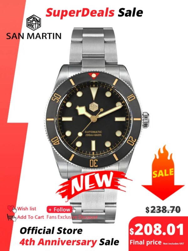 San Martin New 37mm BB54 Vintage Diver Watch NH35 Automatic Mechanical Men Wristwatches Sapphire Luminous Waterproof 200m SN0138