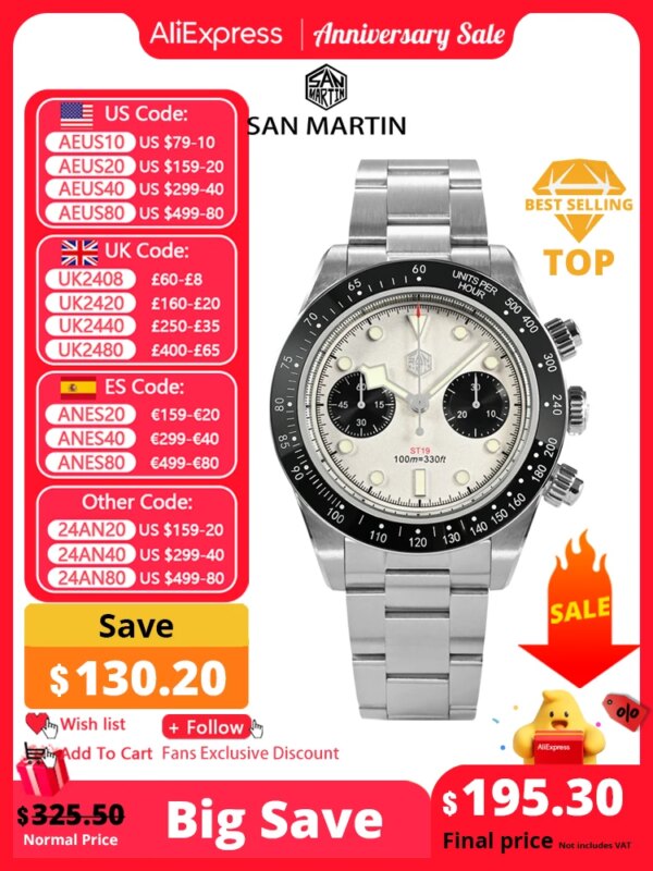 San Martin New 40mm Panda BB Chronograph Mens Watch Sports Fashion Style ST1901 Manual Mechanical Sapphire Waterproof 100M BGW-9