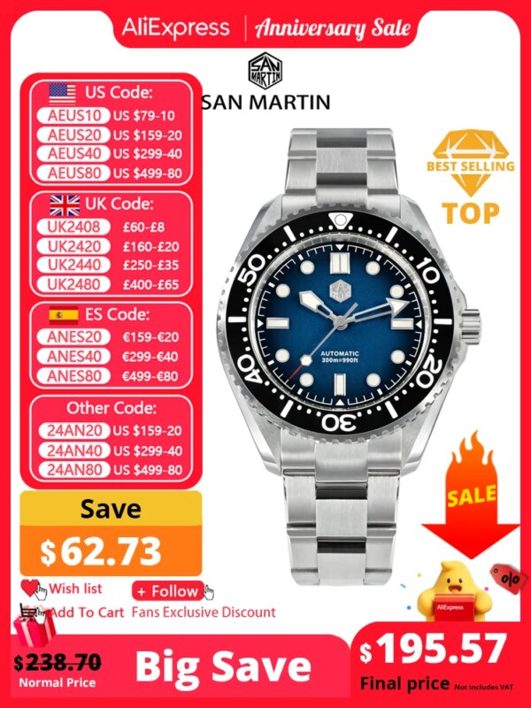 San Martin New Updated Men Diving Watch Helium Device NH35 Automatic Mechanical Luxury Vintage Gradient Dial Waterproof 300m