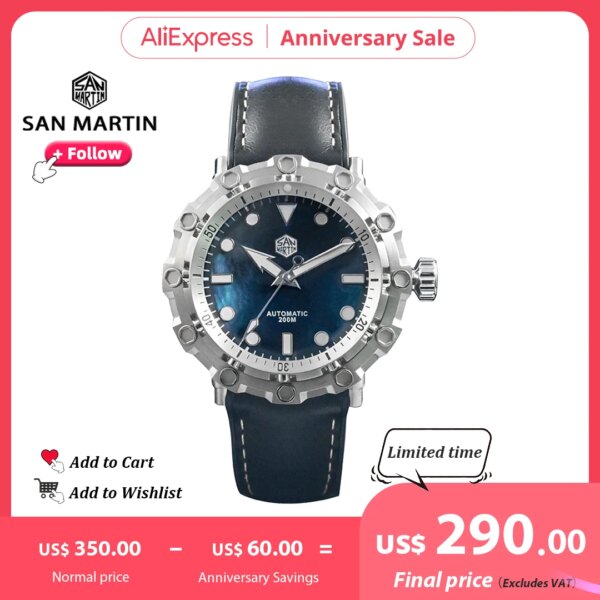 San Martin Sports Diving Men Watch Original Design Luxury Stainless Steel Automatic Mechanical Watches Waterproof 20Bar SN0025G