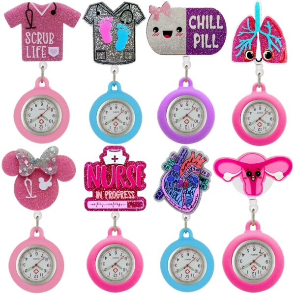 Shiny Acrylic Hospital Health Care PVC Heart Stethoscope Cartoon Lovely Nurse Doctor Clip Pocket Watches Medical Hang Clock Gift