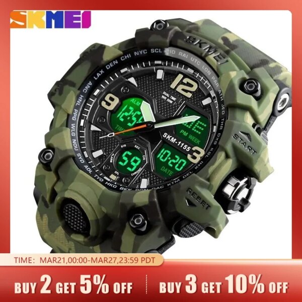 Skmei Fashion Back Light Shockproof Sports Watches Mens 5bar Waterproof 2 Time Chrono Digital Wristwatches Male Reloj Hombre