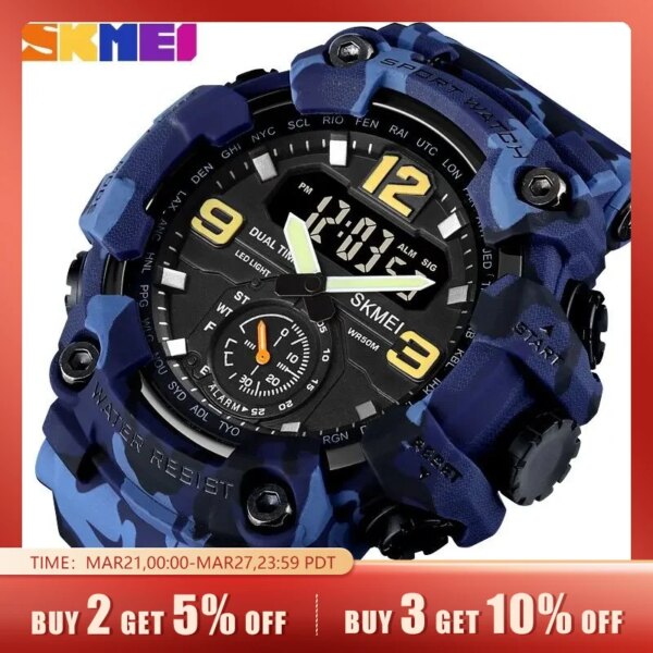 Skmei Multifunctional Chrono Digital Watches Mens Dual Movement 3 Time Sport Wristwatch Waterproof Electronic Clock Reloj Hombre