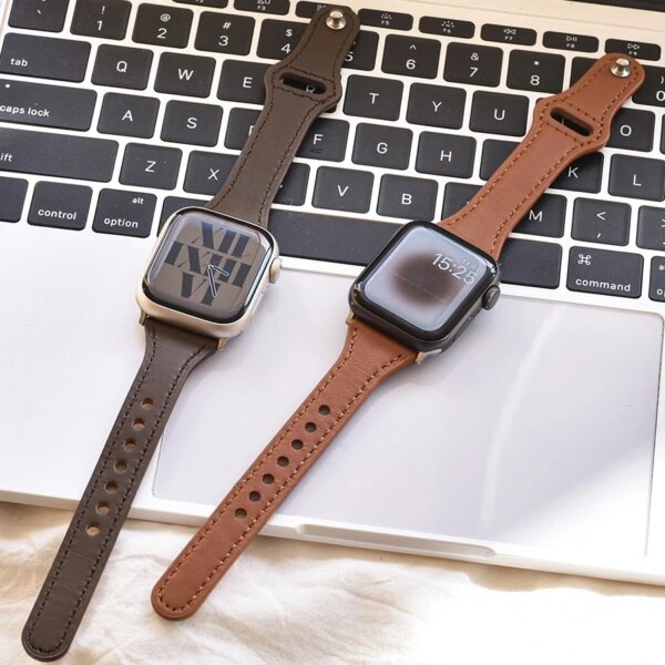 Slim Real Leather Strap For Apple Watch Band 44mm 40mm 41mm 45mm 42/38mm 49mm Wrist Bracelet iWatch Series 9 8 se 7 6 5 43 ultra