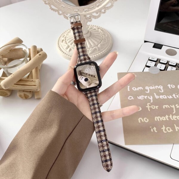 Slim leather strap for Apple Watch band ultra 49mm SE 9 8 7 6 5 4 32 42/38MM 44/40MM 41/45MM Thousand bird plaid Strap on iWatch