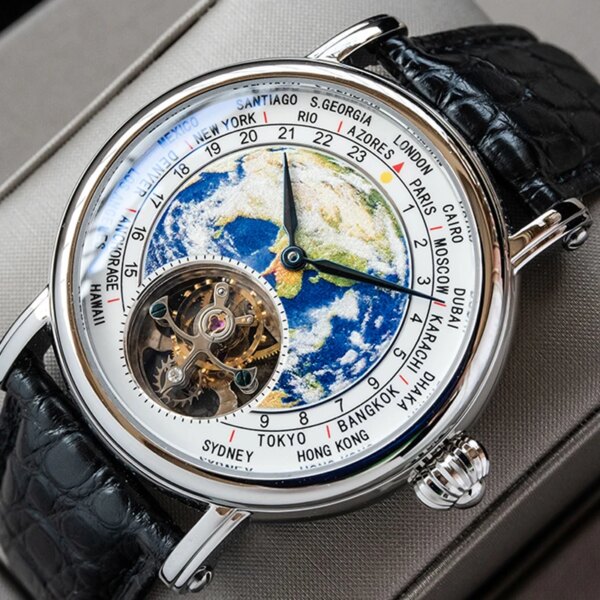 Sugess Earth Art Enamel Dial Original ST8000 HandWind Movement Genuine Tourbillon Watch Luxury Business Mens Wristwatch Sapphire