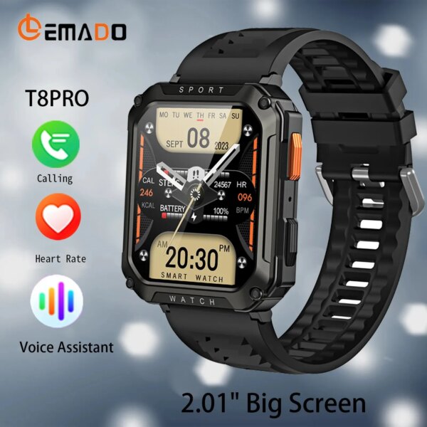 T8 PRO Outdoor Military Smart Watch Men Bluetooth Call Sport Smartwatch 2.01 Inch Big Screen Voice Assistant Fitness Watches