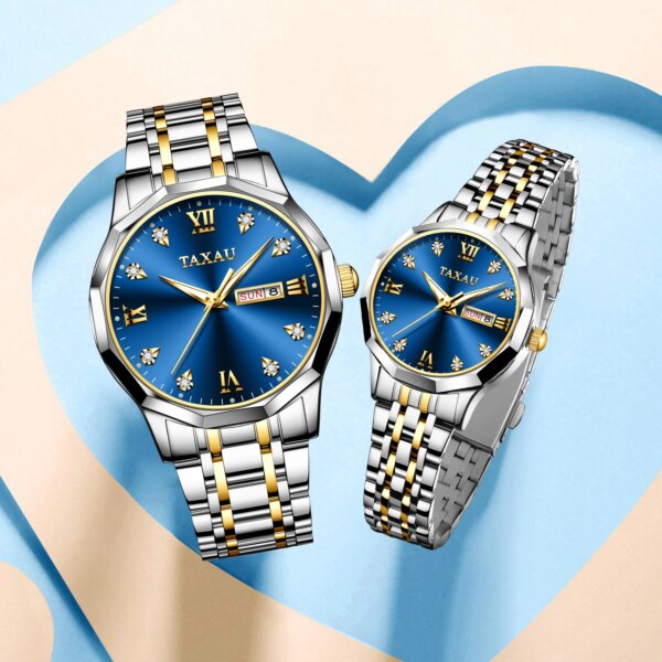 TAXAU Original Luxury Couple Watch for Men and Women Stainless Steel Waterproof Fashion Quartz Lovers Watches Week Date Display