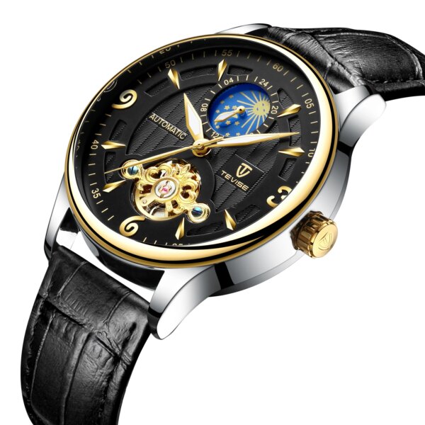 TEVISE Hollow out Moon Phase Full Light Luxury Mechanical Watch Tuo Flywheel Men's Fashion Waterproof Casual Watch T820B