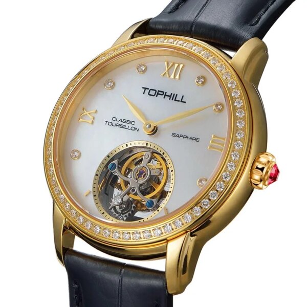 TOPHILL TU003L Women Automatic Tourbillon Watches 19 Zuan Diamond Hollow Movement Mechanical Wristwatch Lady Sapphire Waterproof