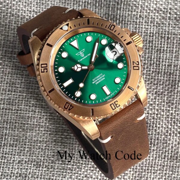 Tandorio Real Bronze Diver Mechanical Watch Men Sunburst Green Wristwatch NH35 Movt Leather band Vintage Waterproof Lume Clock