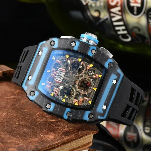 Top Luxury Graffiti Men's Wristwatch Carbon Fiber Printed 6-pin Run Second Watch Wine Barrel Shaped RM Couple Watch