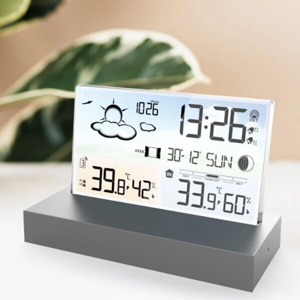 Transparent glass weather clock wireless Multifunctional weather forecast Electronic alarm clock black Outdoor sensors backlight