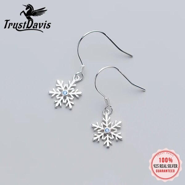 Trustdavis 100% 925 Solid Real Sterling Silver Snowflake Blue CZ Dangle Earrings For Women Girl Lady Xmas Gift DA339