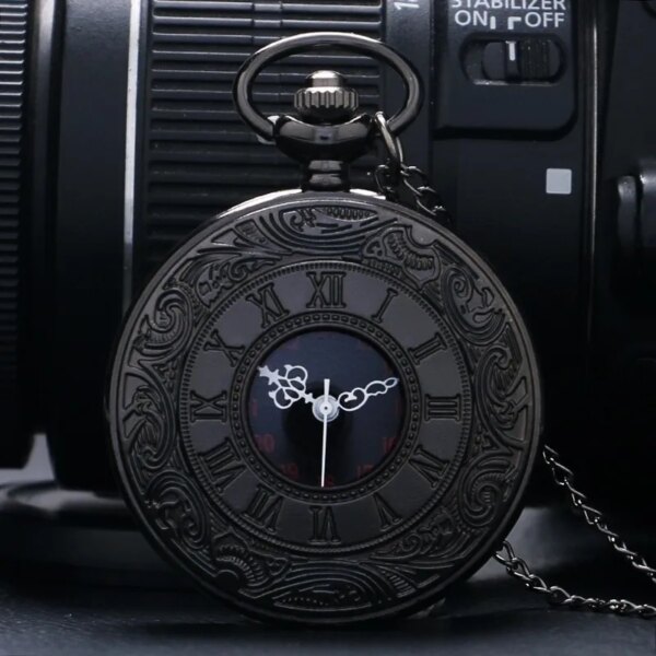 Vintage Charm Black Unisex Fashion Roman Number Quartz Steampunk Pocket Watch Women Man Necklace Pendant with Chain Gifts P427