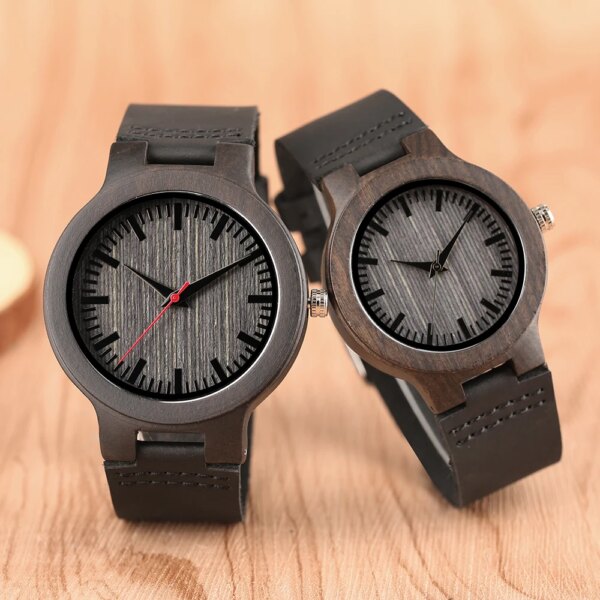 Vintage Ebony Wood Genuine Leather Watch for Men Women Stylish Casual Couple Styles Red Seconds Simple Dial Wooden Wristwatches