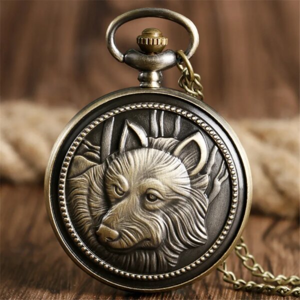 Vintage Exquisite Cool Wolf Display Full Hunter Quartz Pocket Watch Bronze Necklace Watch Pendant Pocket Clock Unisex Timepiece