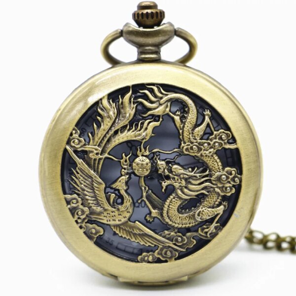 Vintage Phoenix Dragon Hollow Quartz Pocket Watch With Pendant Necklace Gift For Men Women