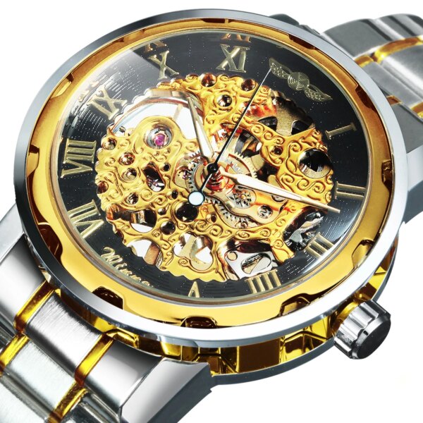 WINNER Classic Retro Mechanical Watches Luxury Brand Gold Transparent Skeleton Watch for Men Stainless Steel Strap Luminous Hand