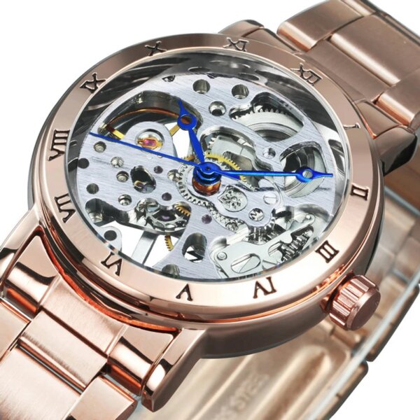 WINNER Classy Rose Gold Skeleton Ladies Watches Top Brand Luxury Stainless Steel Strap Fashion Business Mechanical Women Watch