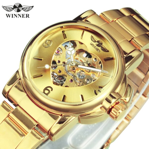 WINNER Fashion Skeleton Watch for Women Elegant Luxury Brand Automatic Mechanical Ladies Watches Gold Stainless Steel Strap 2023