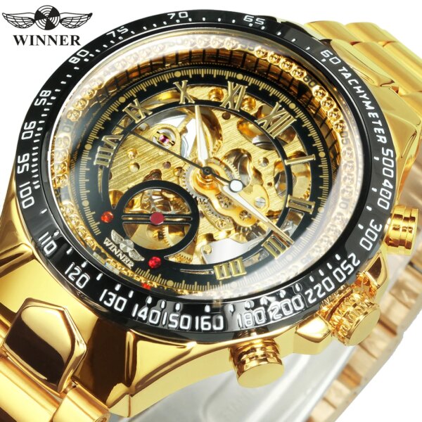 WINNER Gold Skeleton Mechanical Mens Watches Top Brand Luxury Automatic Watch Luminous Stainless Steel Strap Classic Male Clock