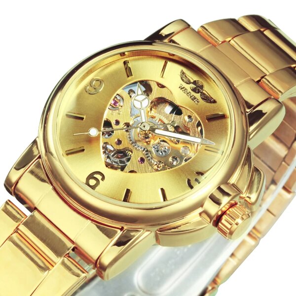 WINNER Luxury Women Watch Automatic Mechanical Heart Skeleton Golden Silver Stainless Steel Band Dress Business Lady Wristwatch