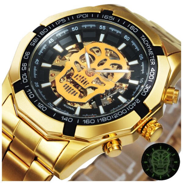 WINNER Official Automatic Gold Watch Men Fashion Skeleton Mechanical Skull Watches Top Brand Luxury Steel Band Luminous relógios