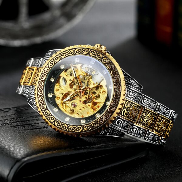 WINNER Vintage Engraved Luxury Mechanical Watches for Men Fashion Diamond Stainless Steel Strap Gold Automatic Skeleton Watch