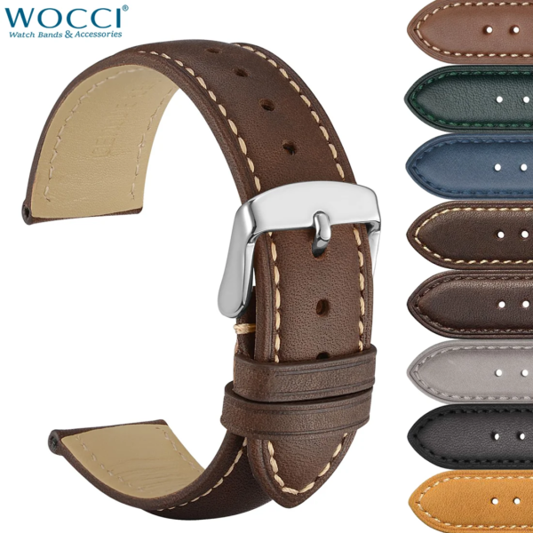 WOCCI Genuine Leather Watch Strap 14mm 16mm 18mm 19mm 20mm 21mm 22mm 23mm 24mm Replacement Bands Bracelet for Men Women