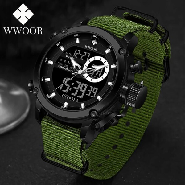 WWOOR New Fashion Military Sports Men's Nylon Watches Digital Quartz Wristwatch Waterproof Dual Display Clock Relogio Masculino