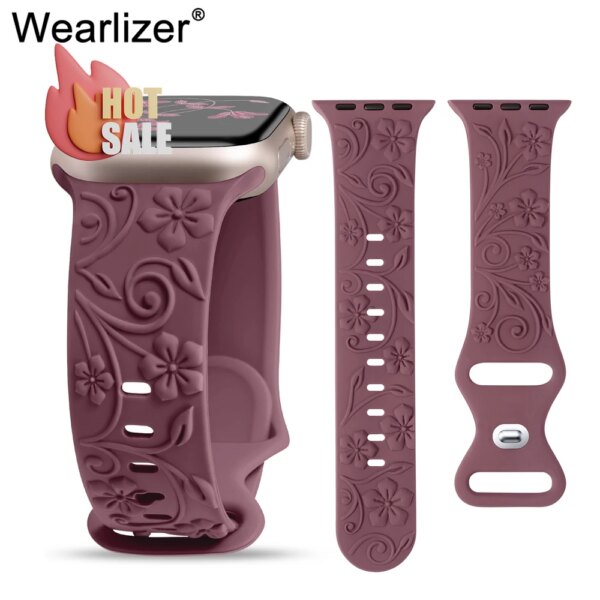 Wearlizer Floral Engraved Band For Correa Apple Watch Accessories Silicone Sport Strap For Apple Watch Ultra 9 8 7 6 5 4 SE 2024