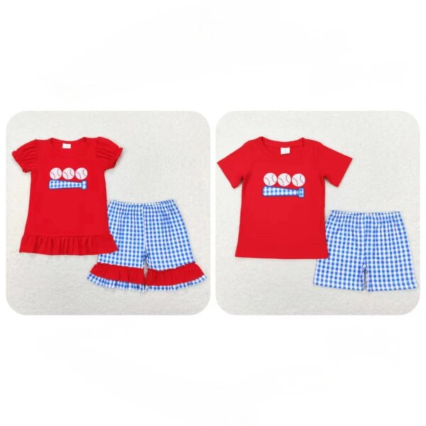 Wholesale Matching Baby Boy Girl Cotton Red Baseball Cotton Ball Shirt Kids Plaid Shorts Children Outfit Embroidery Summer Set