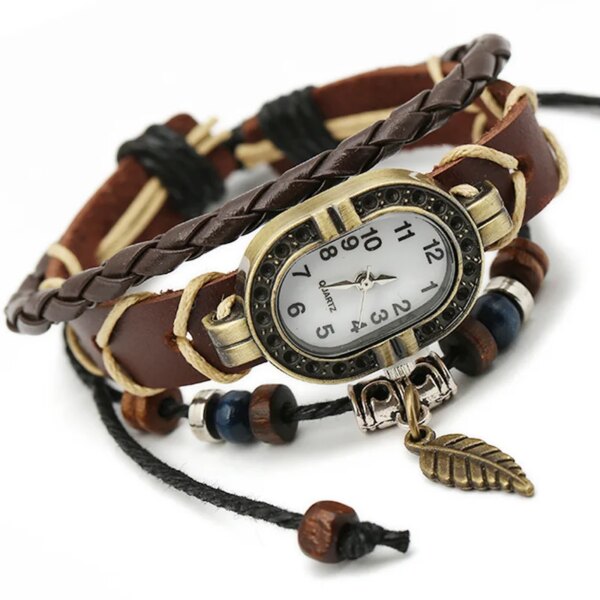 Women Genuine Leather Vintage Quartz Watch Multi Layer Handmade Bracelet Wristwatches Adjustable Length Couple Watch 2022 Bangle