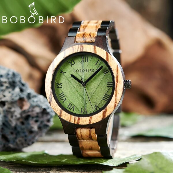 Wooden Men's Watches BOBO BIRD Handmade Natural Leaf Dial Custom Blessing Wristwatch Wooden Gift Support Dropshipping