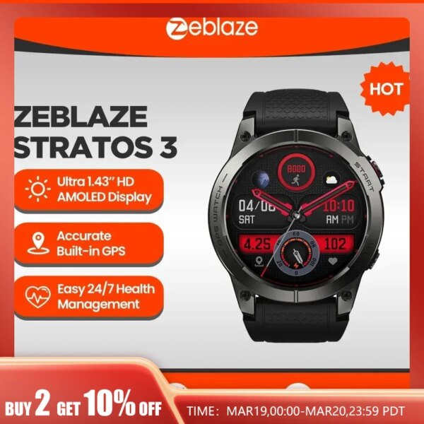 Zeblaze Stratos 3 Premium GPS Smart Watch Ultra HD AMOLED Display Built-in GPS Hi-Fi Bluetooth Phone Calls Smartwatch for Men