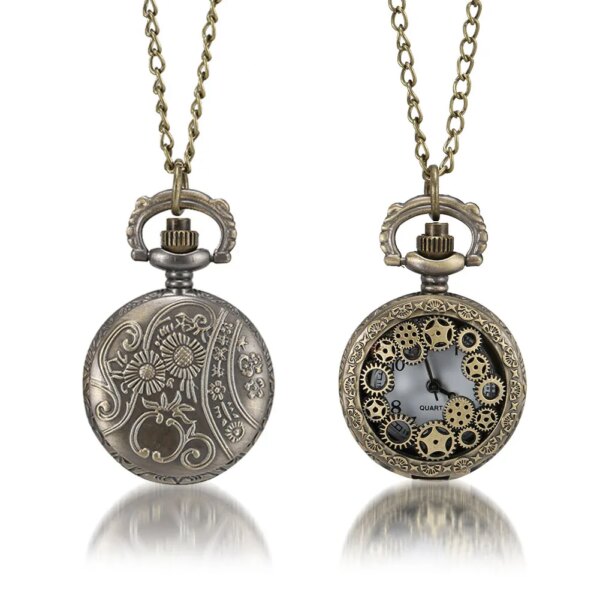 1 Pcs Men Women Bronze Quartz Pocket Watch Hollow Gear Carved Case with Chain LL@17