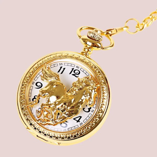 1042Perspective Pocket Luxury Glossy Gold And Silver Horse Three-dimensional Pattern Watch With Chain Accessories Pocket Watch