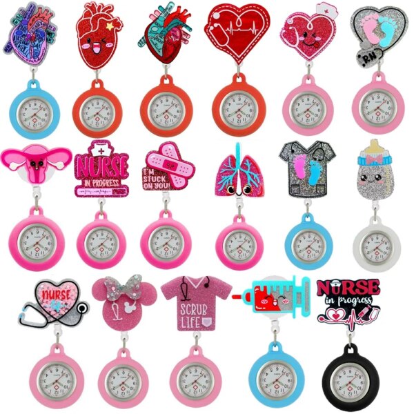 10pcs/Lot Cute Cartoon Shiny Nurse Doctor Pocket Watches Unisex Badge Reel Retractable Hospital Medical Clip Hang Clock Gifts