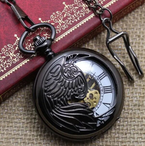 10pcs/lot Antique Hollow Phoenix  Mechanical Pocket Watch  Men Watches Roman  Dial with Chain Gift Collection