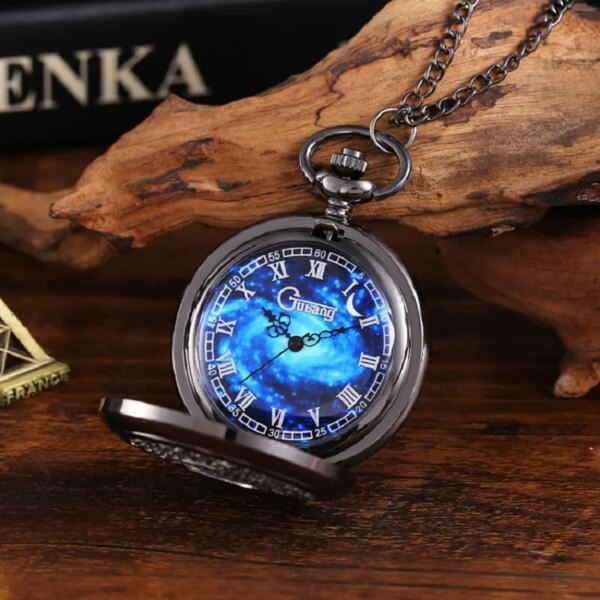 12 Types New Fashion Alloy Black Starry Sky Hollow Retro Pocket Watch Creative Gift Necklace Clock Chain Watches Birthday Gifts